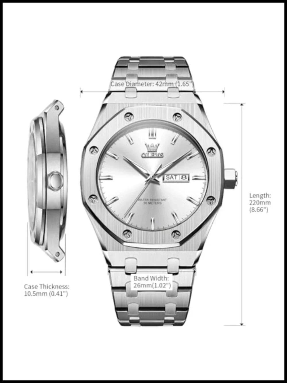Mens Large Stainless Steel Analog Quartz Watch Waterproof Business